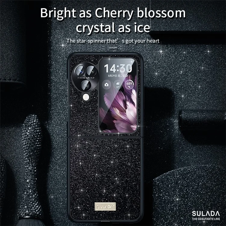 SULADA для Oppo Find N3 Flip 5G Чехол с блестками и пайетками, кожаное покрытие из ПК + ТПУ - черный