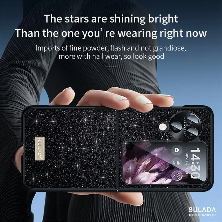 SULADA для Oppo Find N3 Flip 5G Чехол с блестками и пайетками, кожаное покрытие из ПК + ТПУ - черный