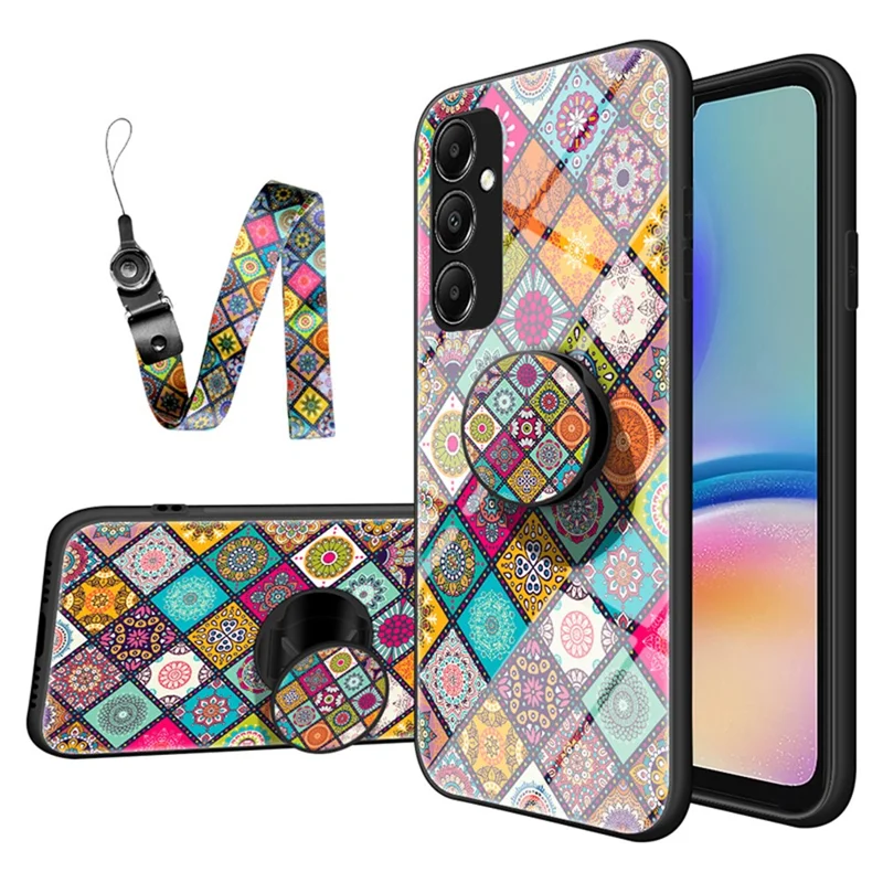 Für Samsung Galaxy A05s 4G Hülle Blumenmuster Telefon Ständer Cover mit Schlüsselband - Karomuster