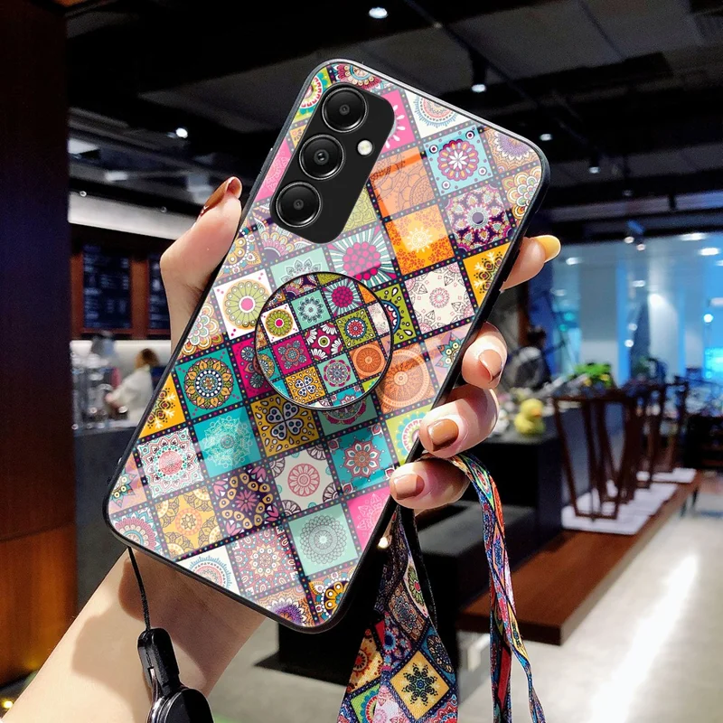 Für Samsung Galaxy A05s 4G Hülle Blumenmuster Telefon Ständer Cover mit Schlüsselband - Karomuster