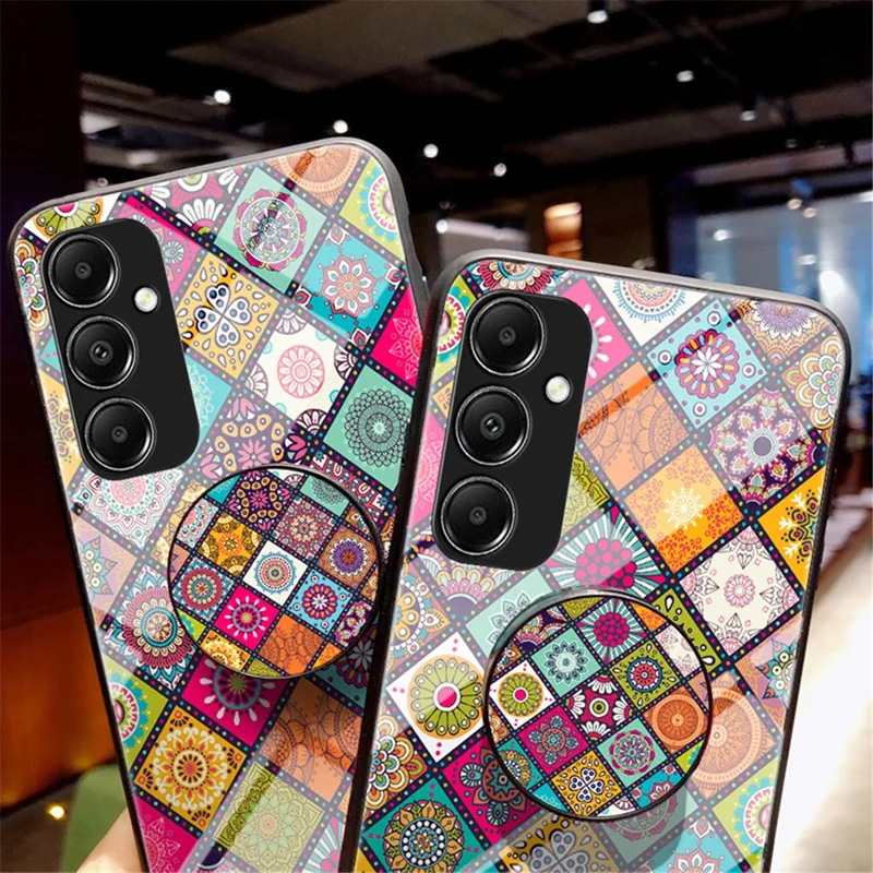 Für Samsung Galaxy A05s 4G Hülle Blumenmuster Telefon Ständer Cover mit Schlüsselband - Karomuster