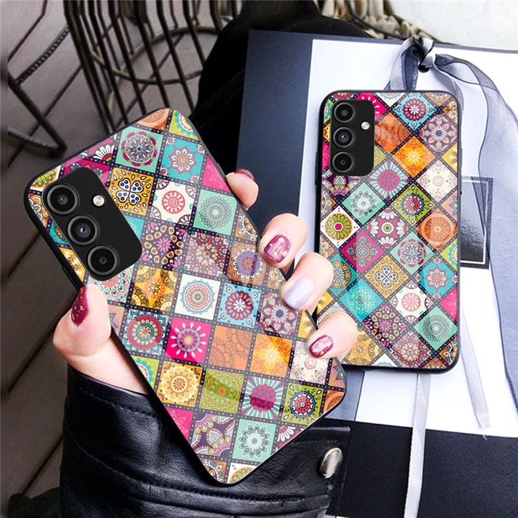 For Samsung Galaxy A15 4G Kickstand Case Tempered Glass+PC+TPU Cover with Lanyard - Checkered Pattern