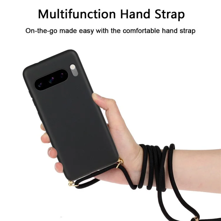For Google Pixel 8 Pro Case Cell Phone Cover Wheat Straw+TPU Shell with Lanyard - Black