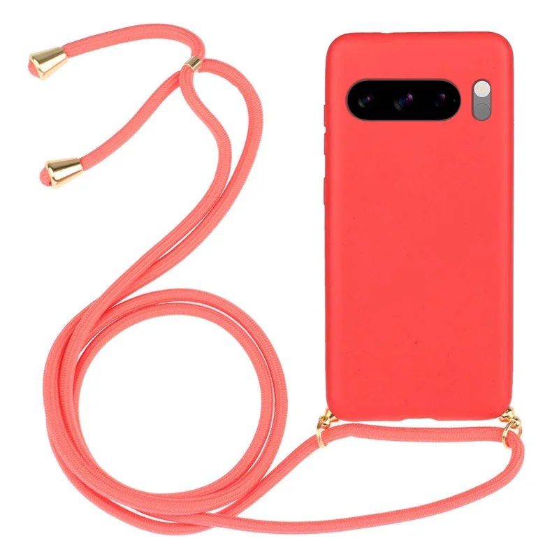 For Google Pixel 8 Pro Case Cell Phone Cover Wheat Straw+TPU Shell with Lanyard - Red