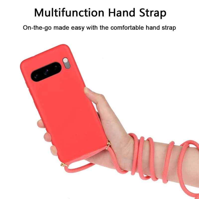 For Google Pixel 8 Pro Case Cell Phone Cover Wheat Straw+TPU Shell with Lanyard - Red