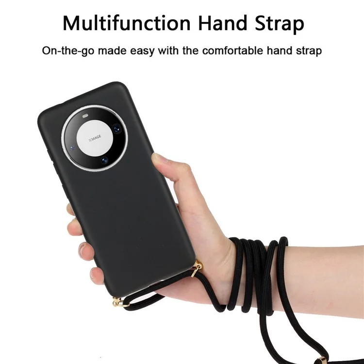 Для чехла Huawei Mate 60 Pro Anti-Scratch Wheat Straw+TPU Cell Phone Cover с шнурком - черный