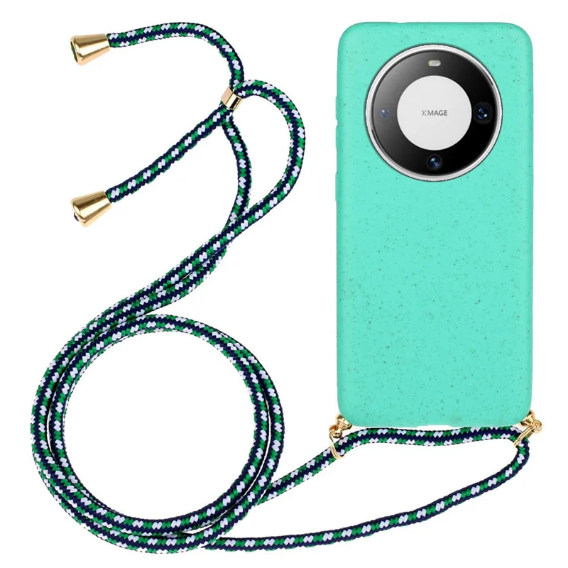 For Huawei Mate 60 Pro Case Anti-Scratch Wheat Straw+TPU Cell Phone Cover with Lanyard - Sky Blue