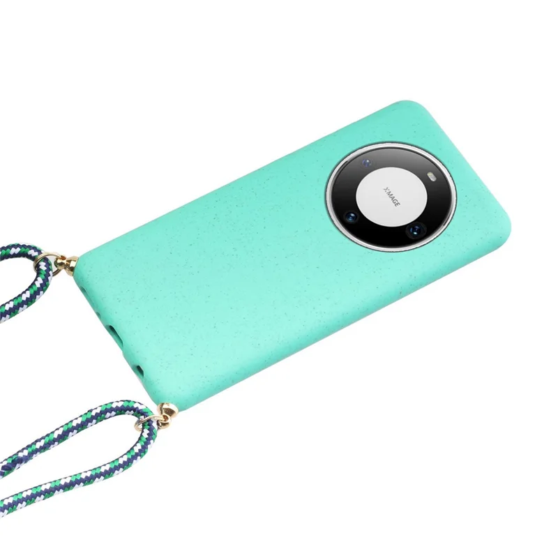 For Huawei Mate 60 Pro Case Anti-Scratch Wheat Straw+TPU Cell Phone Cover with Lanyard - Sky Blue