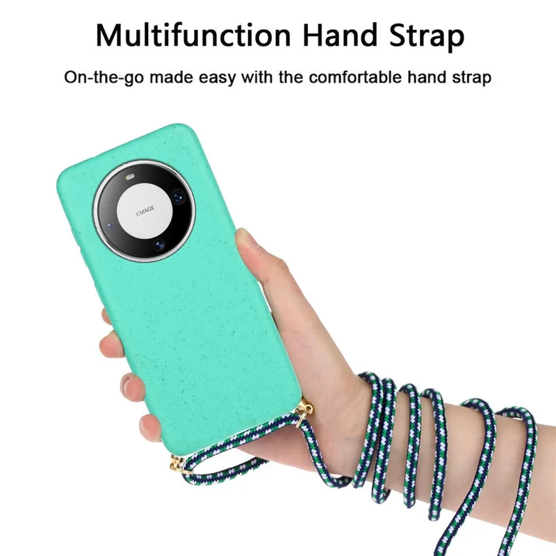 For Huawei Mate 60 Pro Case Anti-Scratch Wheat Straw+TPU Cell Phone Cover with Lanyard - Sky Blue