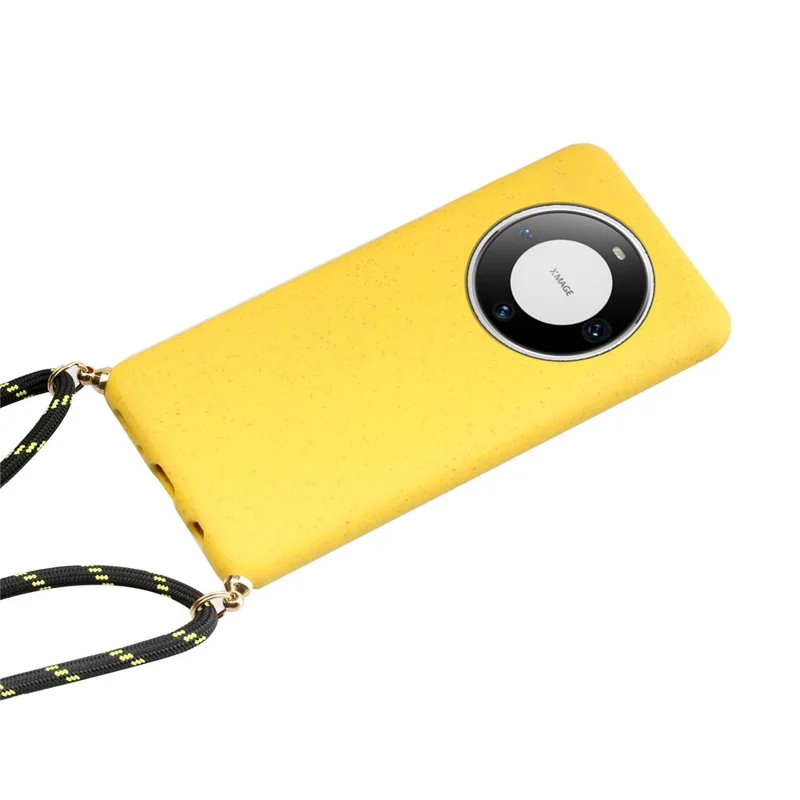 For Huawei Mate 60 Back Case Wheat Straw + TPU Shockproof Phone Cover with Adjustable Lanyard - Yellow