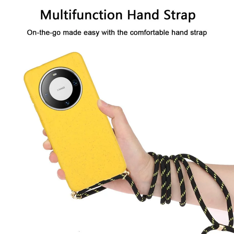 For Huawei Mate 60 Back Case Wheat Straw + TPU Shockproof Phone Cover with Adjustable Lanyard - Yellow