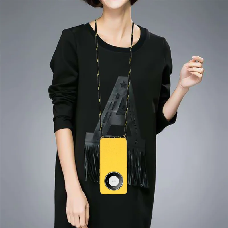 For Huawei Mate 60 Back Case Wheat Straw + TPU Shockproof Phone Cover with Adjustable Lanyard - Yellow