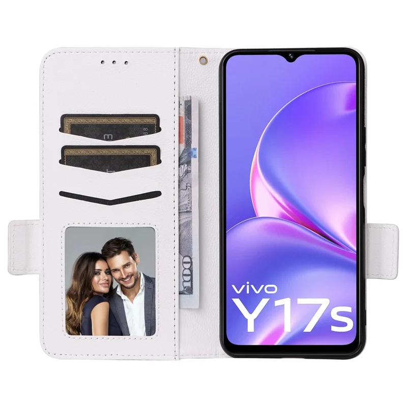 For vivo Y17s 4G / Y28 5G / Y33t (2023) V2317A Case Mobile Phone Litchi Texture Leather Cover with Strap - White