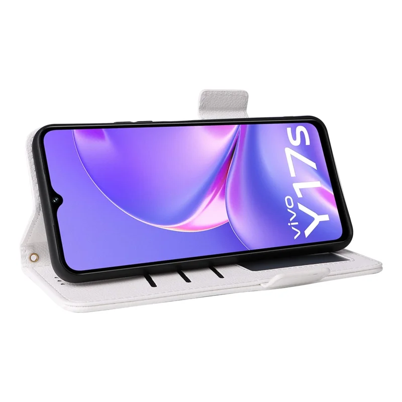 For vivo Y17s 4G / Y28 5G / Y33t (2023) V2317A Case Mobile Phone Litchi Texture Leather Cover with Strap - White