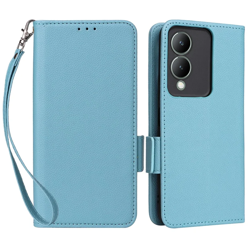 For vivo Y17s 4G / Y28 5G / Y33t (2023) V2317A Case Mobile Phone Litchi Texture Leather Cover with Strap - Baby Blue