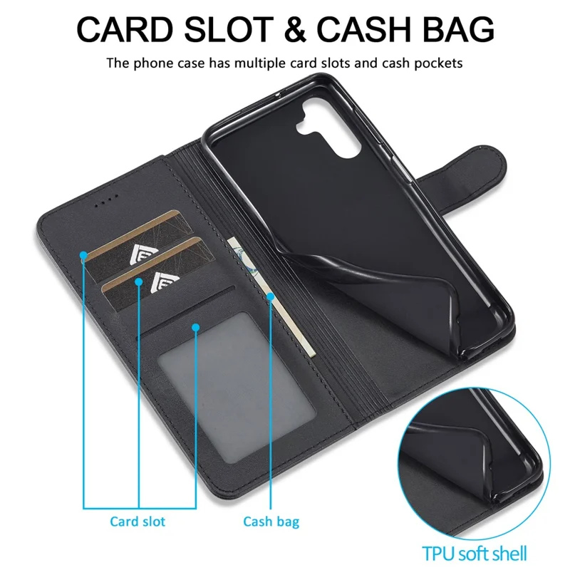 LC.IMEEKE Para Samsung Galaxy A05s 4G Caso Carteira de Couro Textura de Bezerro Capa de Telefone - Preto