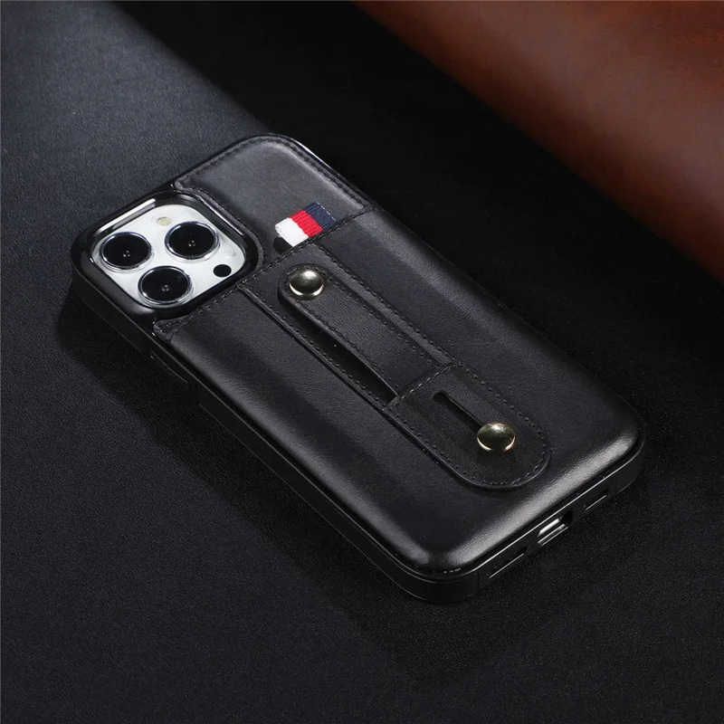 For iPhone 15 Pro Case Hand Strap Kickstand Phone Cover with Card Holder - Black