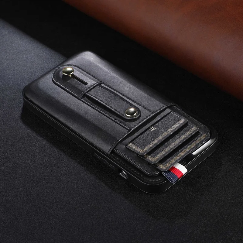 For iPhone 15 Pro Case Hand Strap Kickstand Phone Cover with Card Holder - Black
