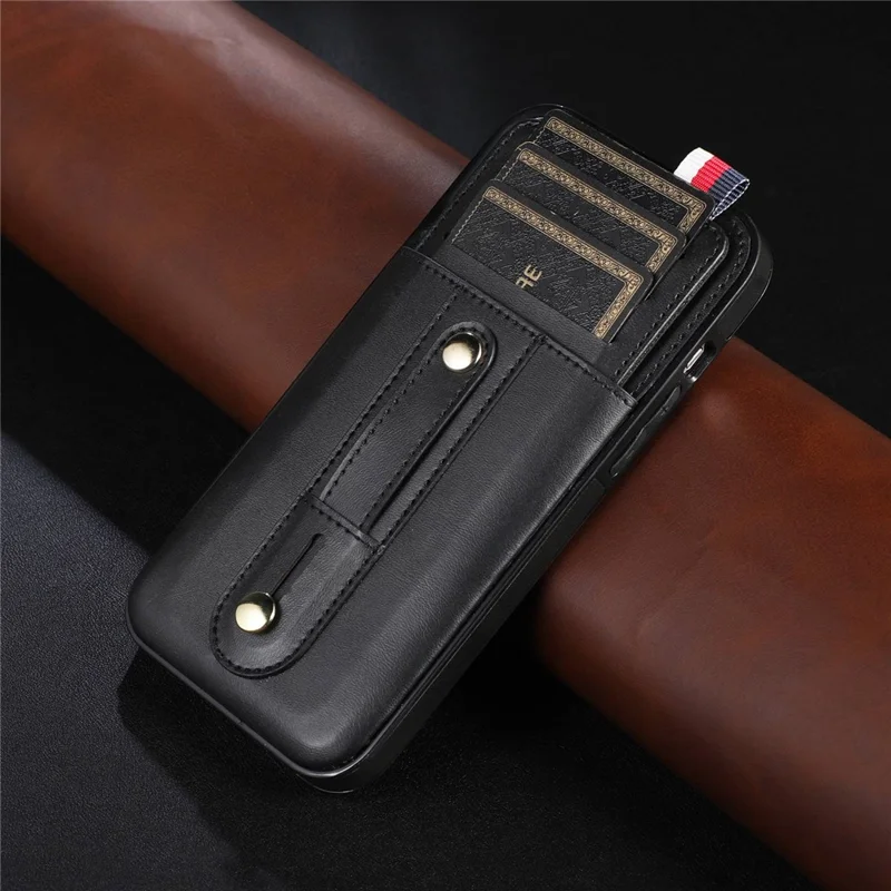 For iPhone 15 Pro Case Hand Strap Kickstand Phone Cover with Card Holder - Black