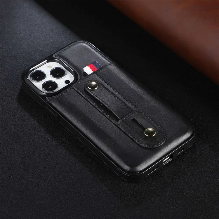 Für iPhone 15 Pro Max Case Kartensteckplatz Lederüberzogene TPU-Ständerhalterung - Schwarz