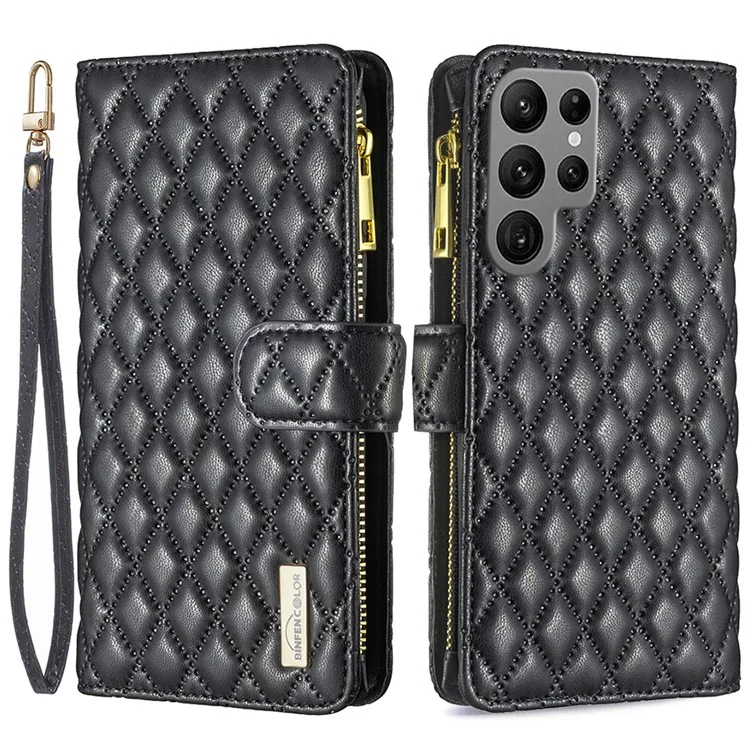 BINFEN COLOR BF Style-15 Para Samsung Galaxy S24 Ultra Capa de Couro Zíper Carteira Capa de Telefone - Preto