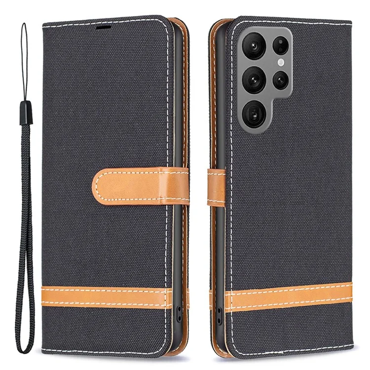 Pour Samsung Galaxy S24 Ultra Case Jeans Cloth Splicing Wallet Phone Cover - Noir