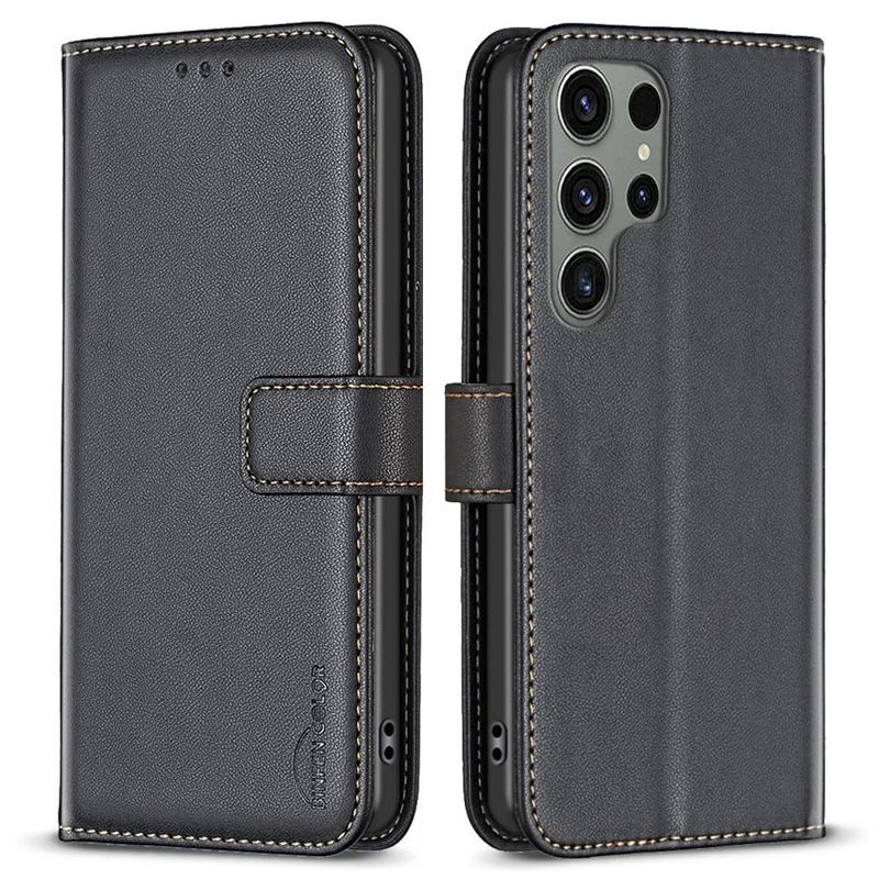 BINFEN COLOR BF17 For Samsung Galaxy S24 Ultra Leather Case Stand Phone Cover - Black