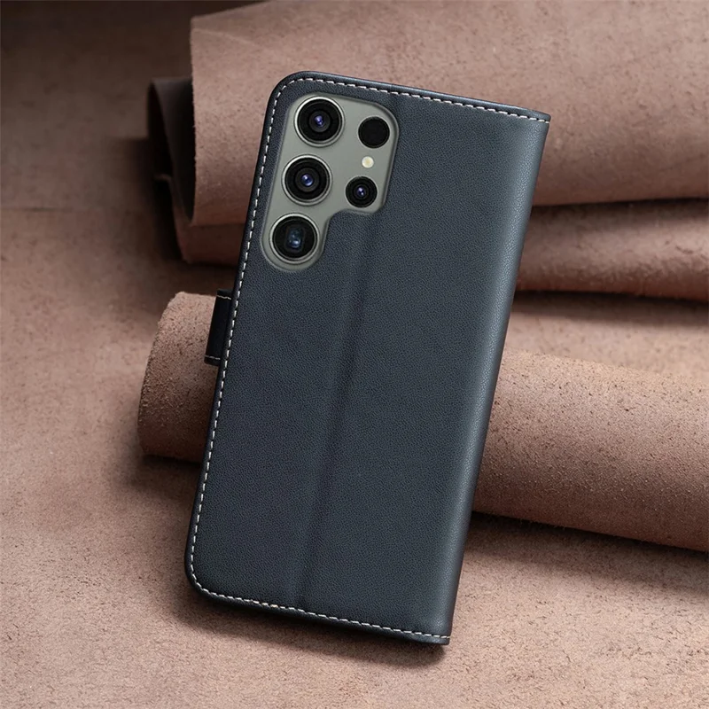 BINFEN COLOR BF17 For Samsung Galaxy S24 Ultra Leather Case Stand Phone Cover - Black