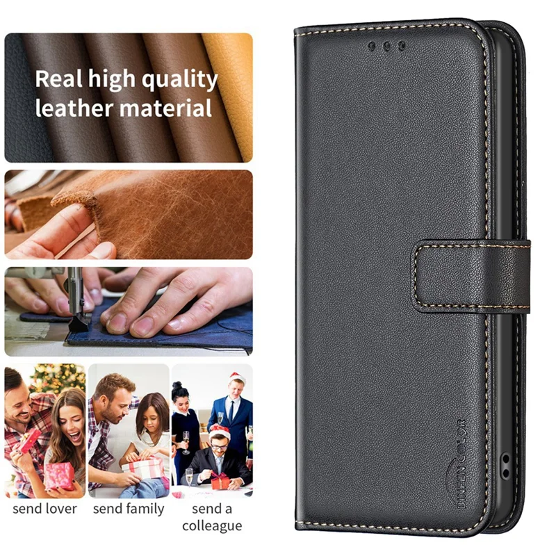 BINFEN COLOR BF17 For Samsung Galaxy S24 Ultra Leather Case Stand Phone Cover - Black