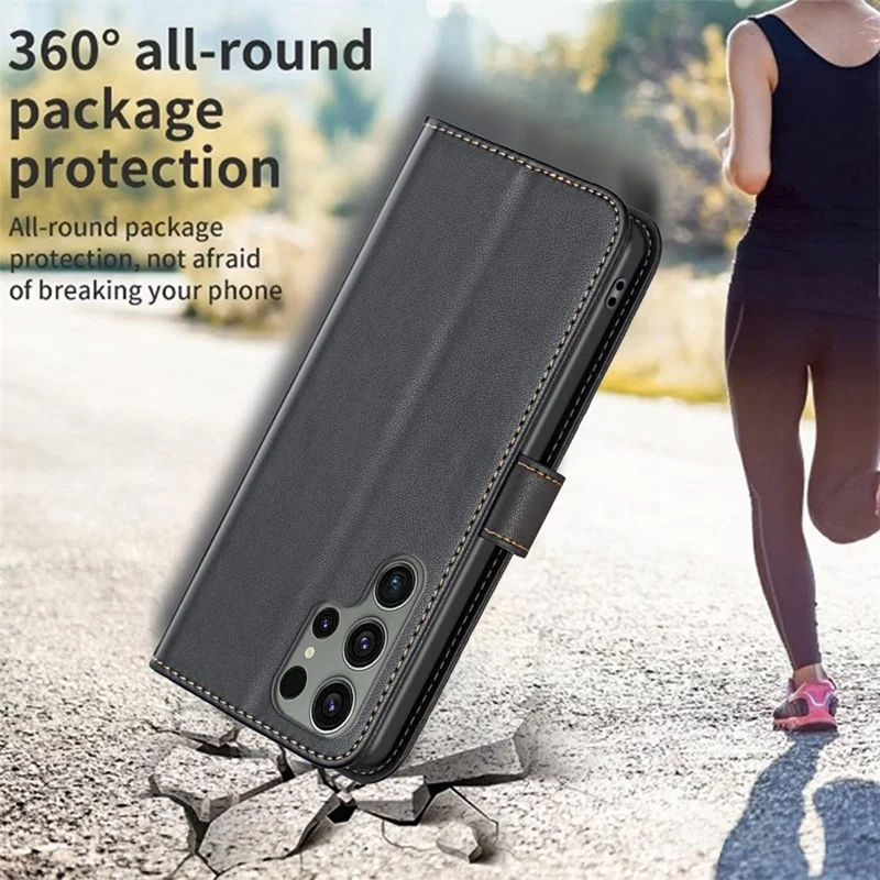BINFEN COLOR BF17 For Samsung Galaxy S24 Ultra Leather Case Stand Phone Cover - Black