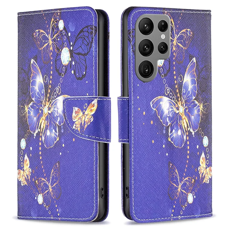 For Samsung Galaxy S24 Ultra Case Pattern Printing Stand Wallet Phone Cover - Purple Butterflies
