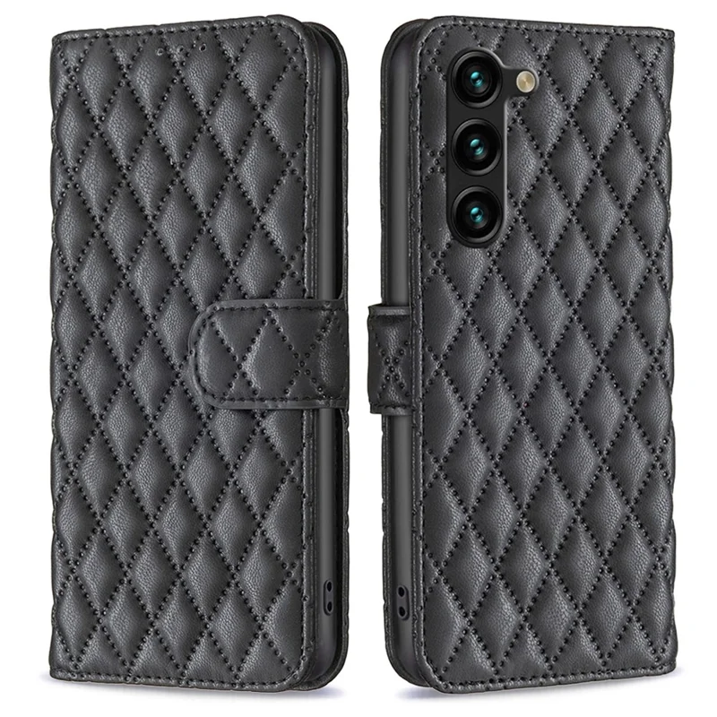 BINFEN COLOR BF Style-14 For Samsung Galaxy S25+ / S24+ Case Rhombus Imprinted Phone Leather Cover - Black