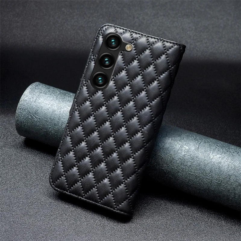 BINFEN COLOR BF Style-14 For Samsung Galaxy S25+ / S24+ Case Rhombus Imprinted Phone Leather Cover - Black