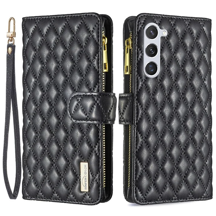 BINFEN COLOR BF Style-15 Pour Samsung Galaxy S25+ / S24+ Étui en cuir avec fermeture éclair et poche Coque de téléphone portefeuille - Noir
