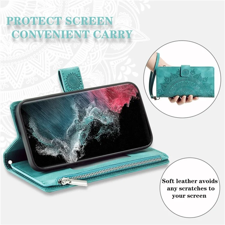 Для Samsung Galaxy S24 Ultra Case Imprinted PU Leather Phone Cover Wallet с ремешком - Зеленый