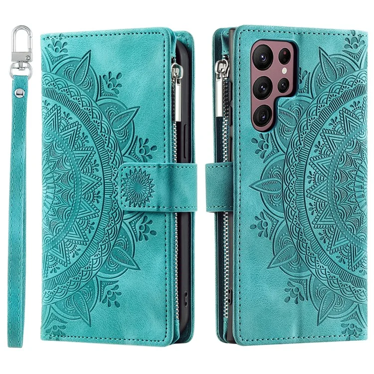 Для Samsung Galaxy S24 Ultra Case Imprinted PU Leather Phone Cover Wallet с ремешком - Зеленый