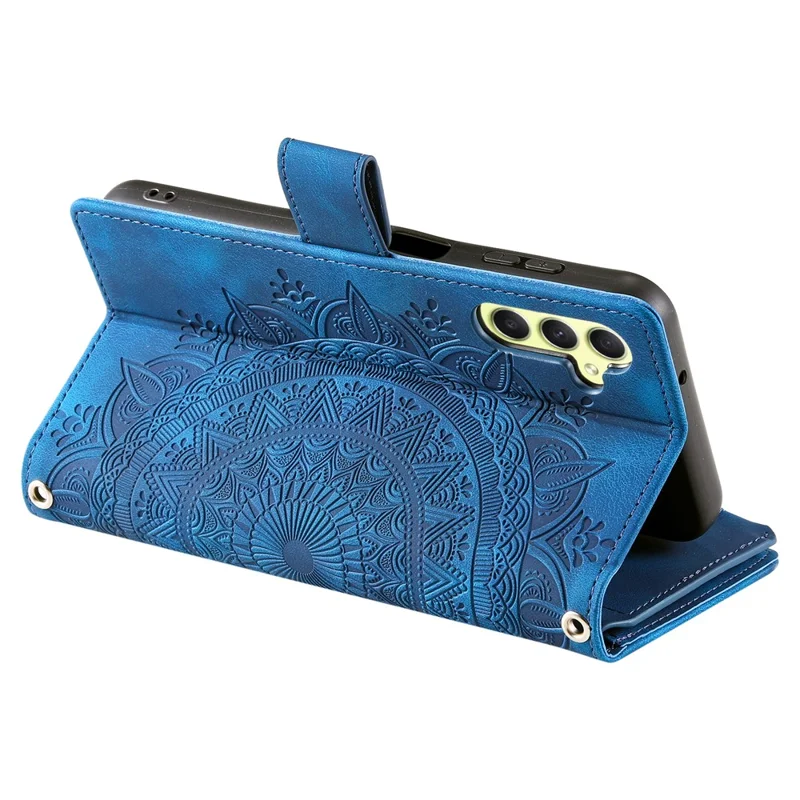 For Samsung Galaxy S24 Case TPU + PU Leather Phone Cover Wallet Imprinted Shell with Strap - Blue
