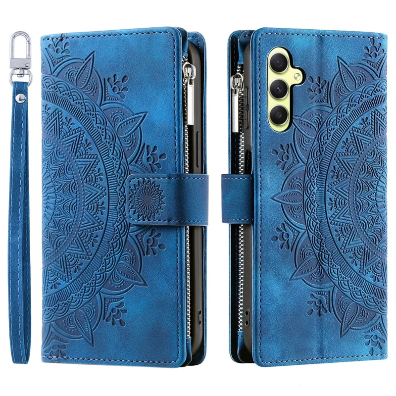 For Samsung Galaxy S24 Case TPU + PU Leather Phone Cover Wallet Imprinted Shell with Strap - Blue