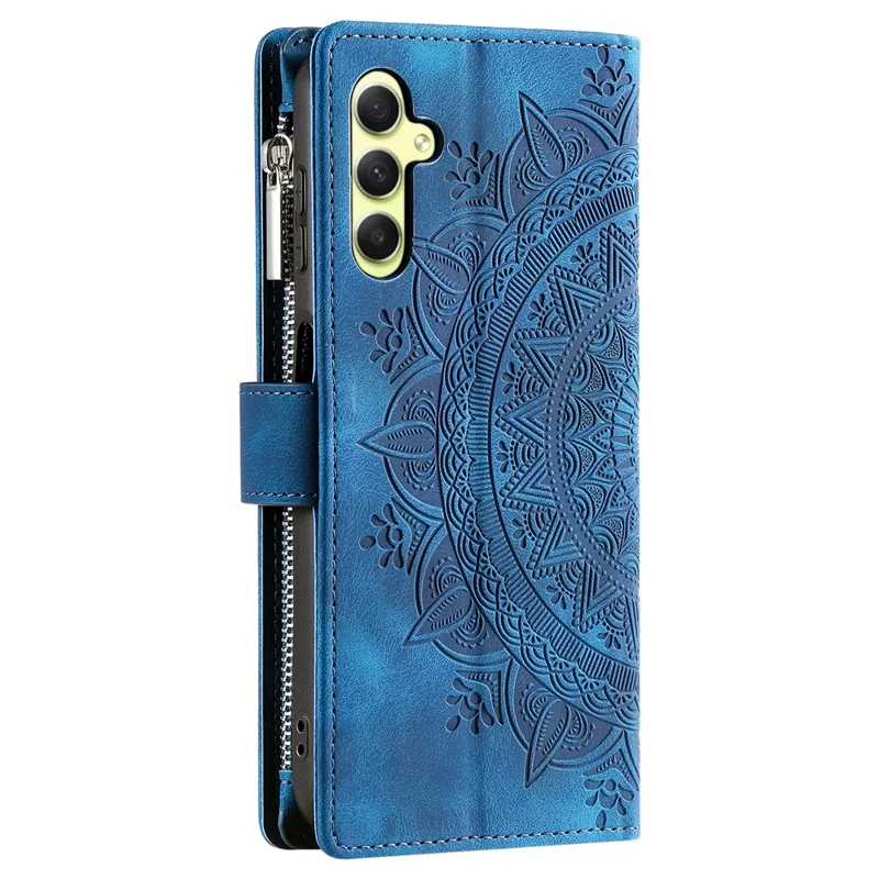For Samsung Galaxy S24 Case TPU + PU Leather Phone Cover Wallet Imprinted Shell with Strap - Blue