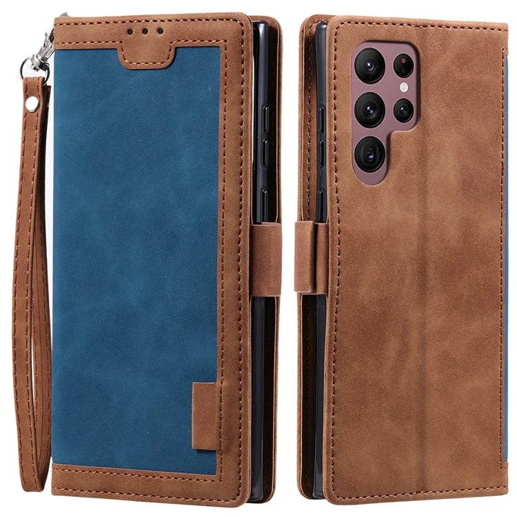 For Samsung Galaxy S24 Ultra Leather Case Retro Splicing Phone Cover with Strap - Blue