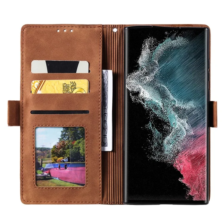 For Samsung Galaxy S24 Ultra Leather Case Retro Splicing Phone Cover with Strap - Blue