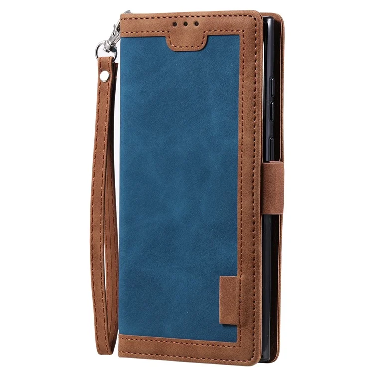 For Samsung Galaxy S24 Ultra Leather Case Retro Splicing Phone Cover with Strap - Blue