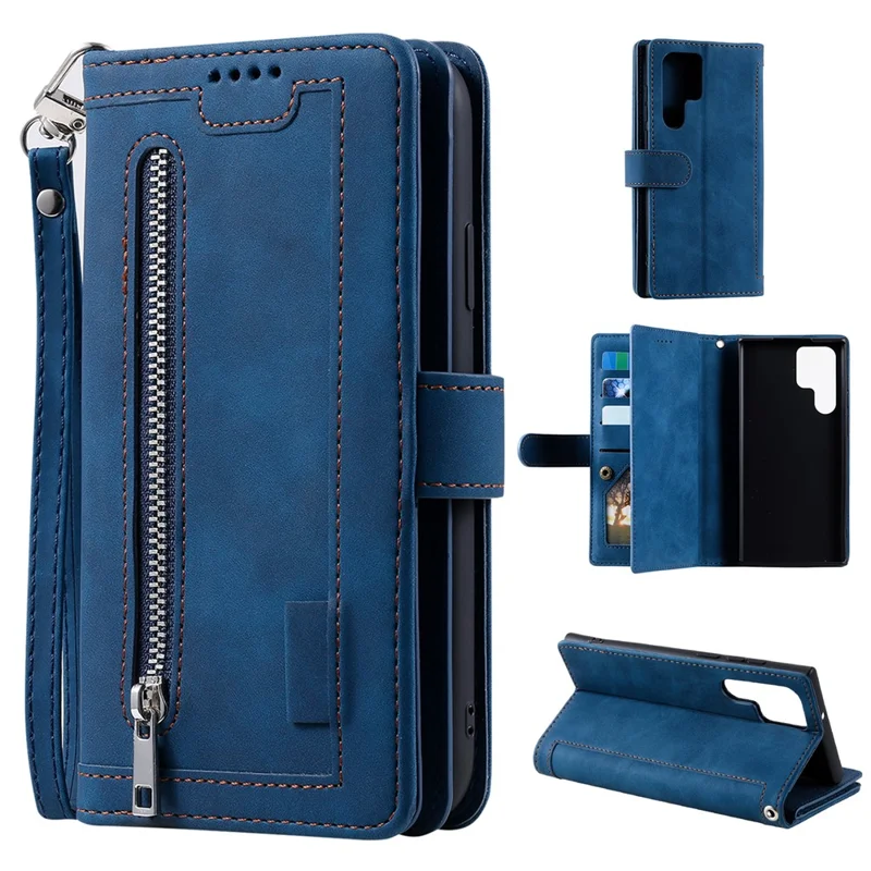 For Samsung Galaxy S24 Ultra Leather Case Wallet Phone Cover with 9 Card Slots - Blue