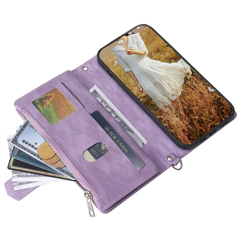 For Samsung Galaxy S24 Case Zipper Pocket Phone Leather Cover with Strap - Purple