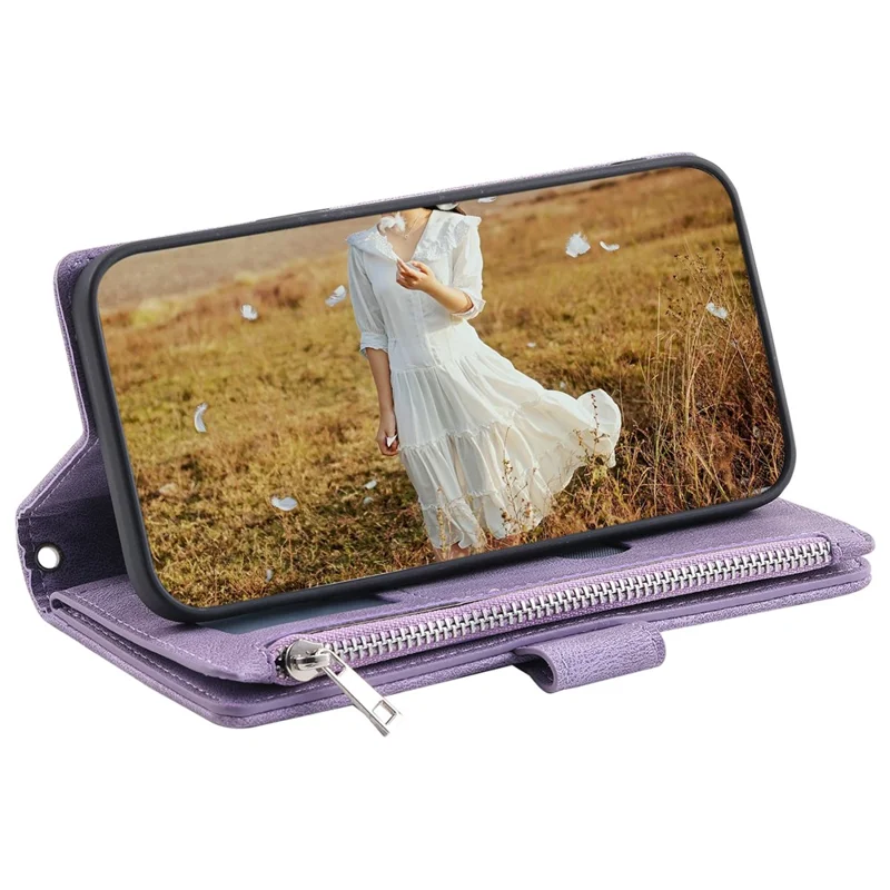 For Samsung Galaxy S24 Case Zipper Pocket Phone Leather Cover with Strap - Purple