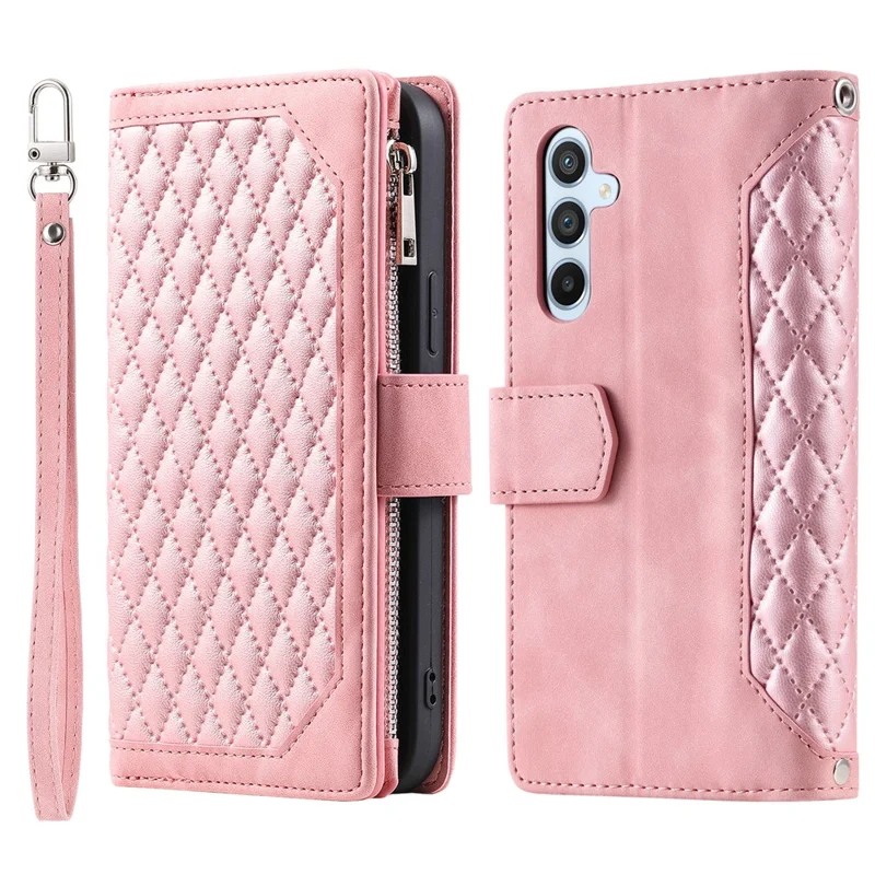 For Samsung Galaxy S24 Case Zipper Pocket Phone Leather Cover with Strap - Rose Gold
