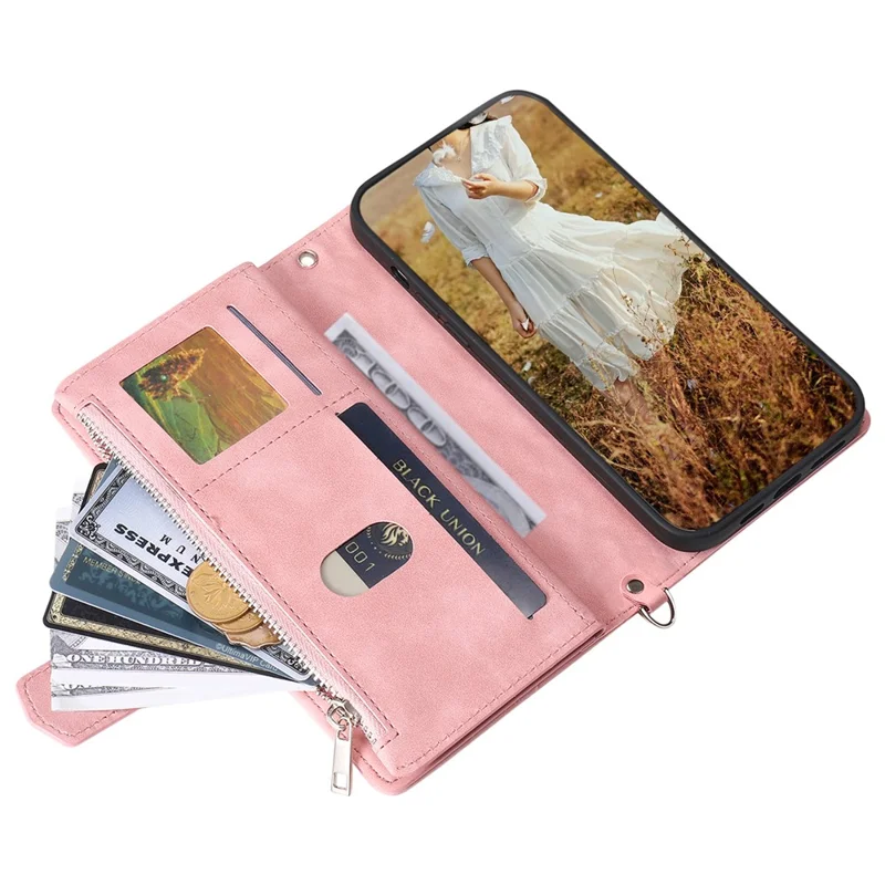 For Samsung Galaxy S24 Case Zipper Pocket Phone Leather Cover with Strap - Rose Gold