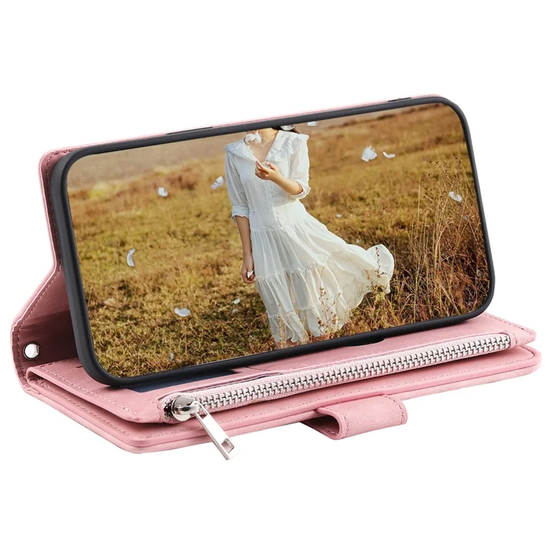 For Samsung Galaxy S24 Case Zipper Pocket Phone Leather Cover with Strap - Rose Gold