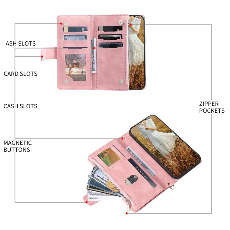 For Samsung Galaxy S24 Case Zipper Pocket Phone Leather Cover with Strap - Rose Gold