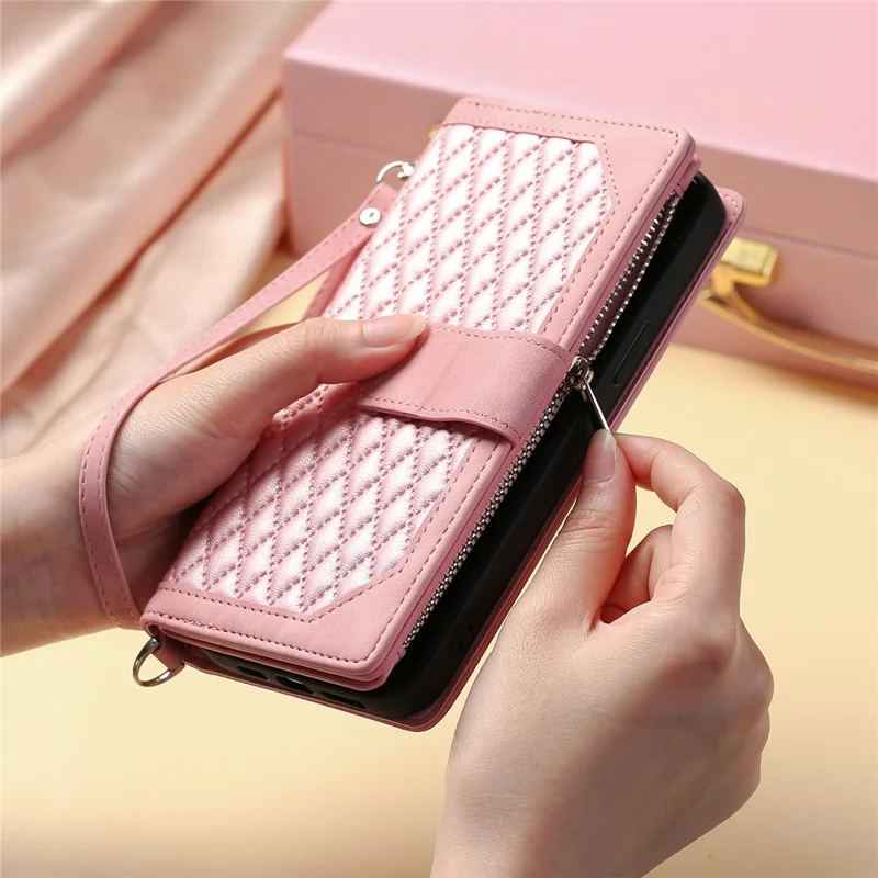 For Samsung Galaxy S24 Case Zipper Pocket Phone Leather Cover with Strap - Rose Gold